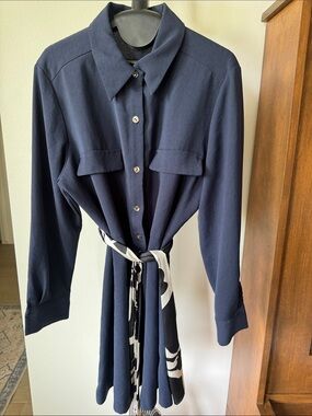 Zara Navy Long Sleeve Shirt Dress with Printed Tie